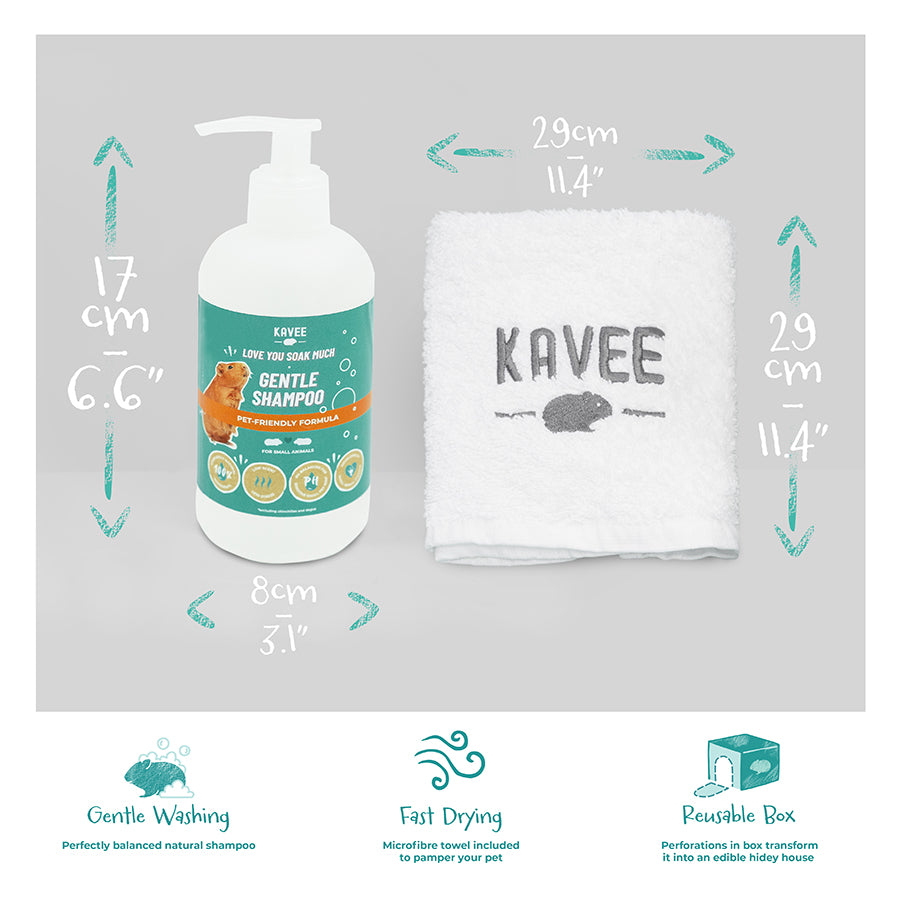 Kavee Cage Bathing set for guinea pigs. Product information shot on grey background showing perks and dimensions