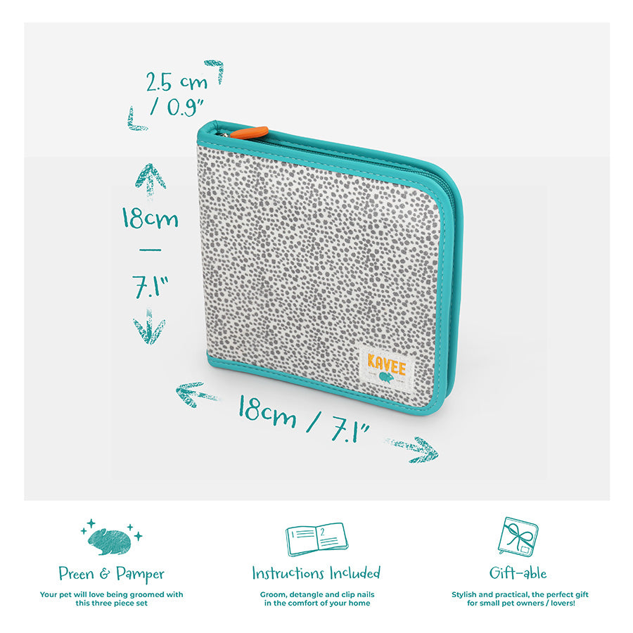 Kavee grooming kit on white background showing product dims