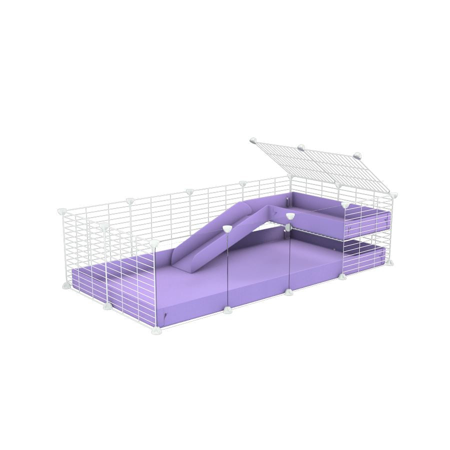 a 4x2 C&C guinea pig cage with clear transparent plexiglass acrylic panels with a loft and a ramp purple lilac pastel coroplast sheet and baby bars by kavee