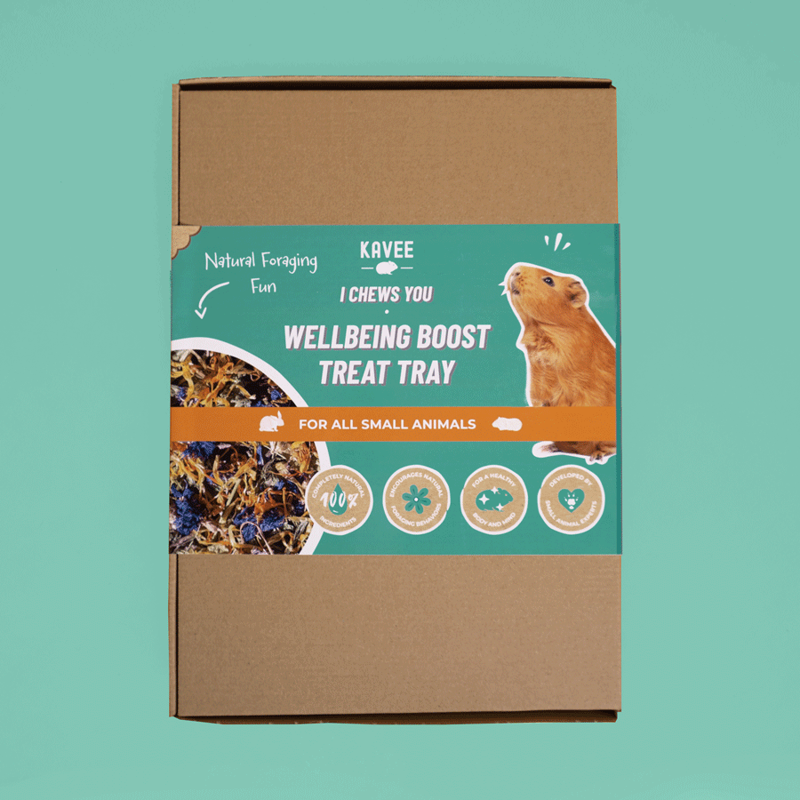 Gif of Kavee's wellbeing boost tray box on blue background with flower decorations