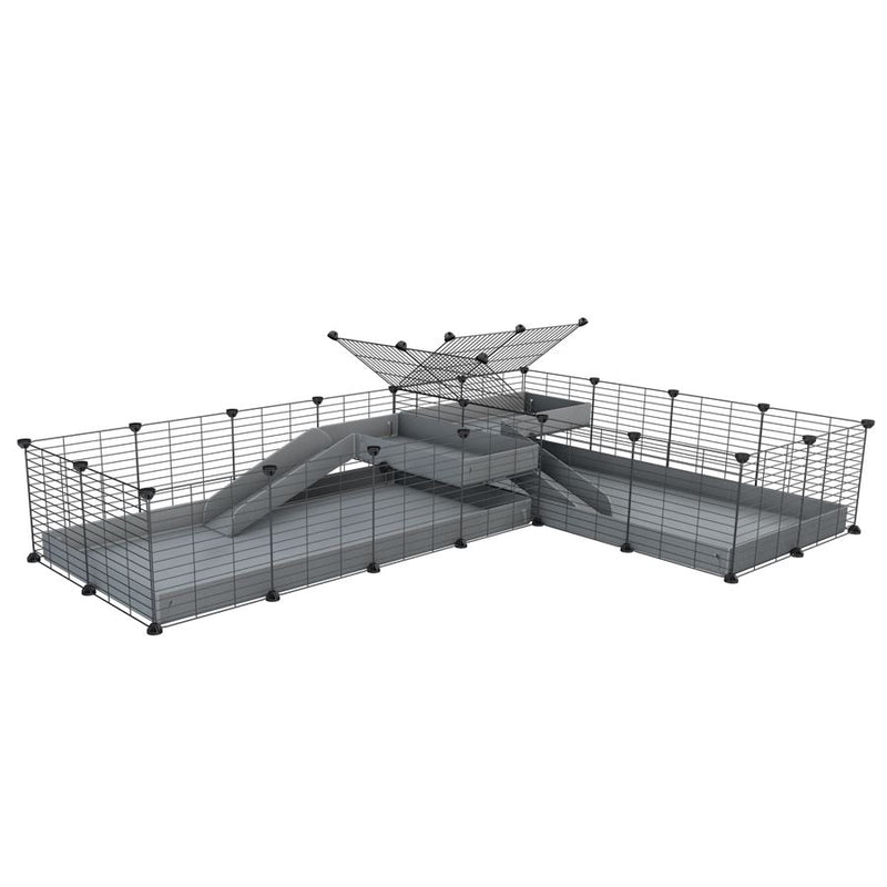 A 8x2 L-shape C&C cage with divider and loft ramp for guinea pig fighting or quarantine with grey coroplast from brand kavee