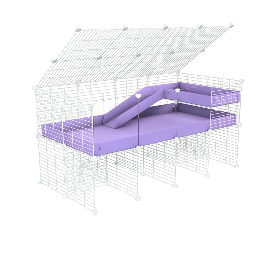 A 2x4 C and C guinea pig cage with clear transparent plexiglass acrylic panels with stand loft ramp lid small size meshing safe white CC grids purple lilac pastel correx sold in UK