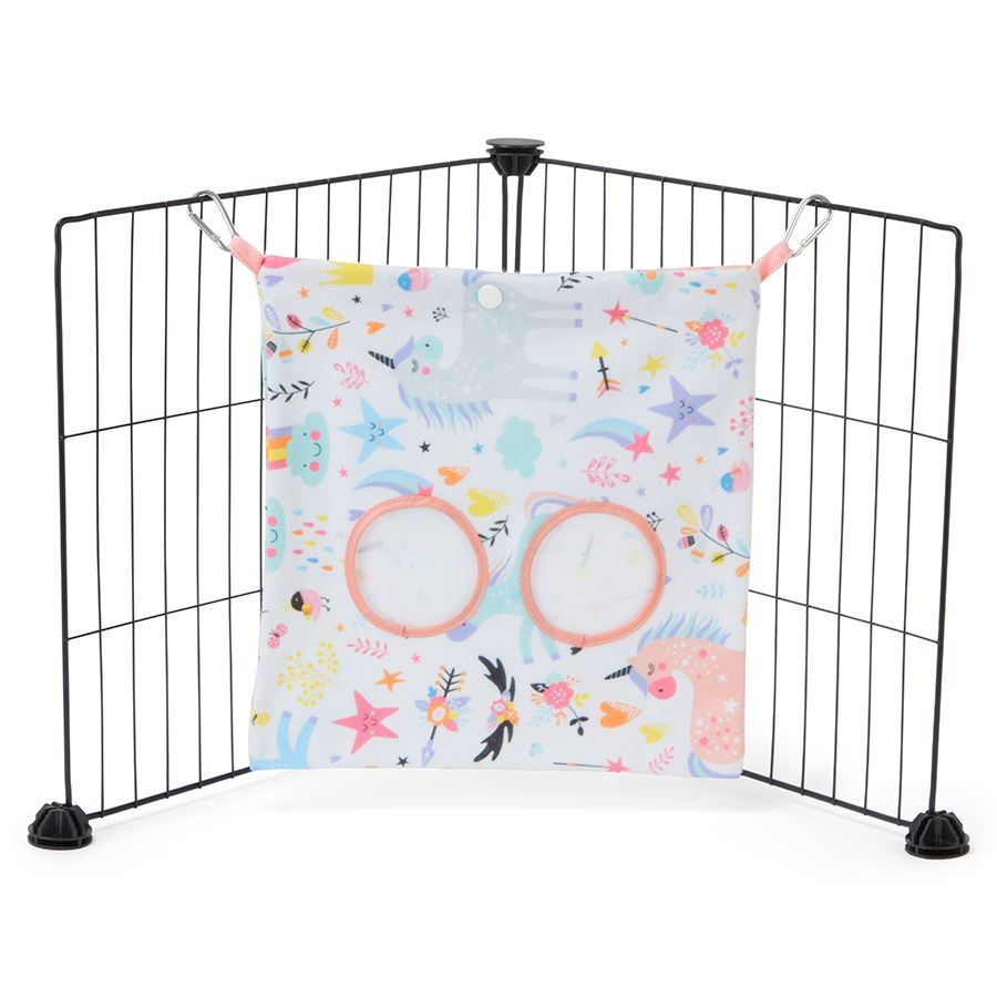 a guinea pig haybag hung on C&C cage made of pink unicorn fleece by kavee