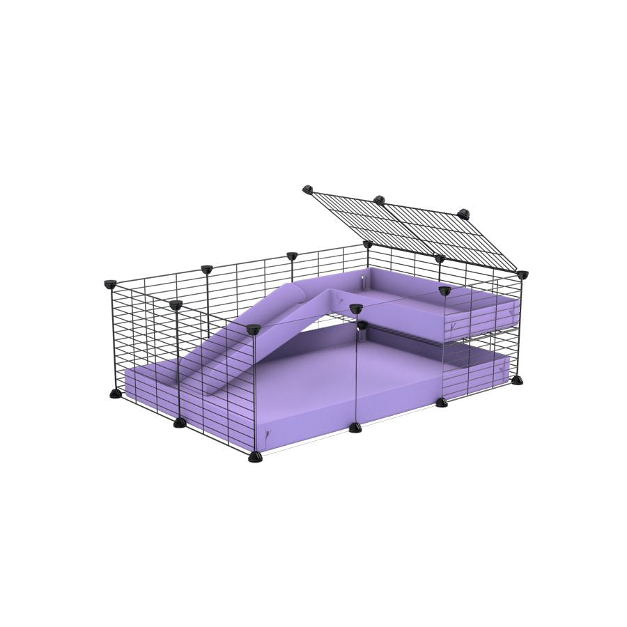 a 3x2 C&C guinea pig cage with clear transparent plexiglass acrylic panels with a loft and a ramp purple lilac pastel coroplast sheet and baby bars by kavee