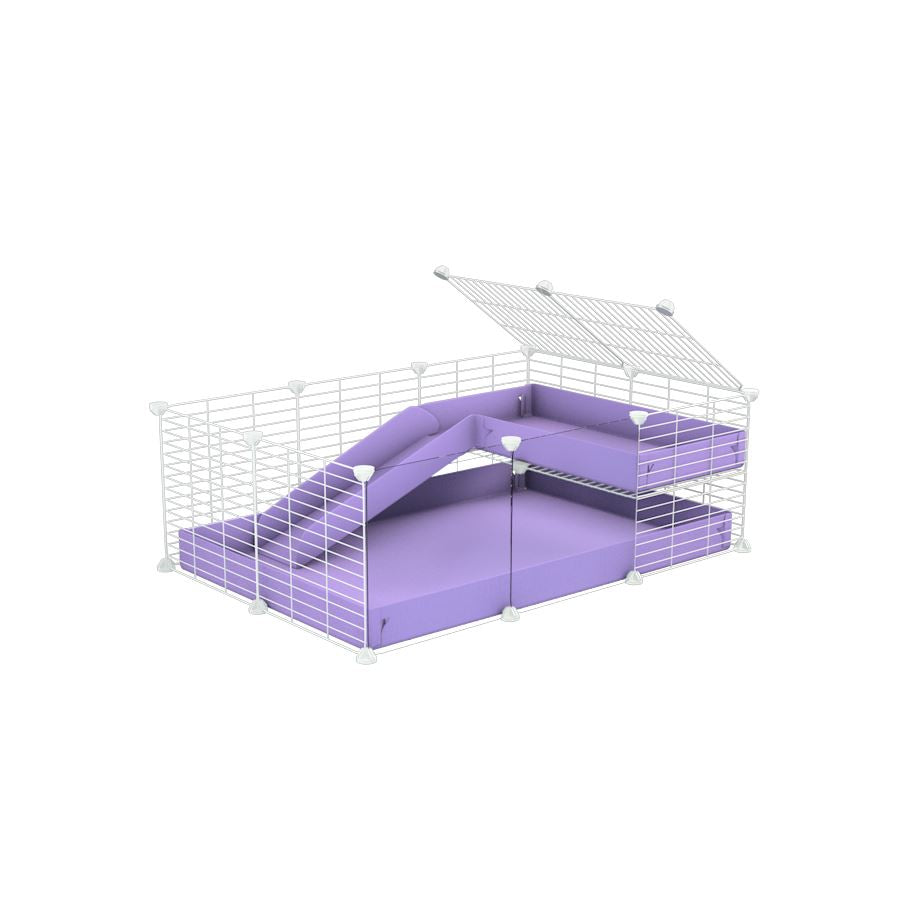 a 3x2 C&C guinea pig cage with clear transparent plexiglass acrylic panels with a loft and a ramp purple lilac pastel coroplast sheet and baby bars by kavee
