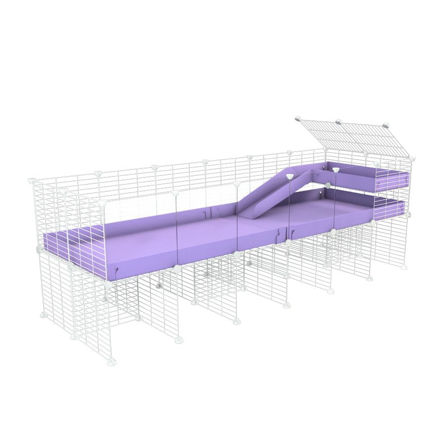 a 6x2 CC guinea pig cage with clear transparent plexiglass acrylic panels with stand loft ramp small mesh white grids purple lilac pastel corroplast by brand kavee