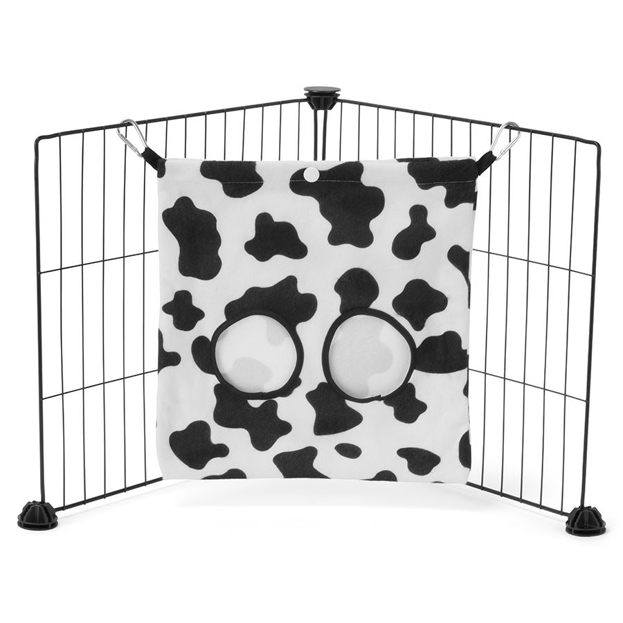 a guinea pig haybag hung on C&C cage made of cowprint fleece by kavee