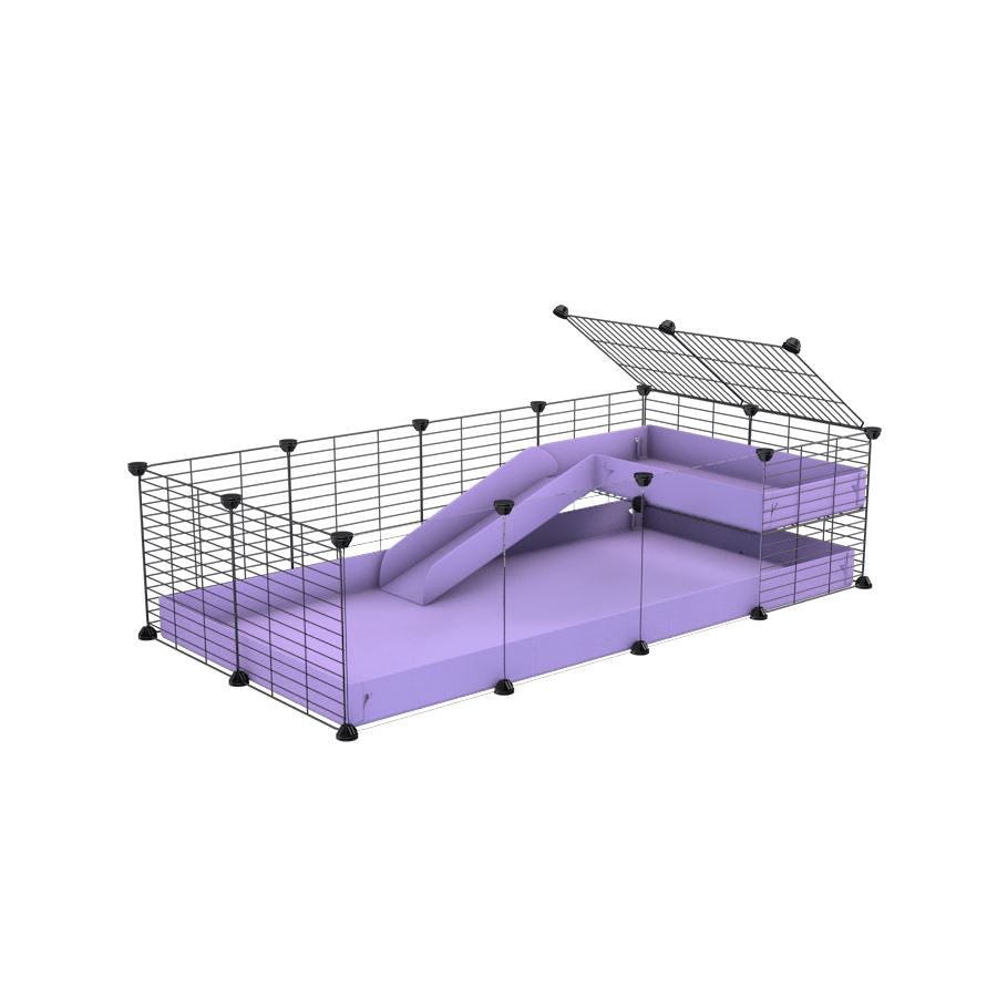 a 4x2 C&C guinea pig cage with clear transparent plexiglass acrylic panels with a loft and a ramp purple lilac pastel coroplast sheet and baby bars by kavee