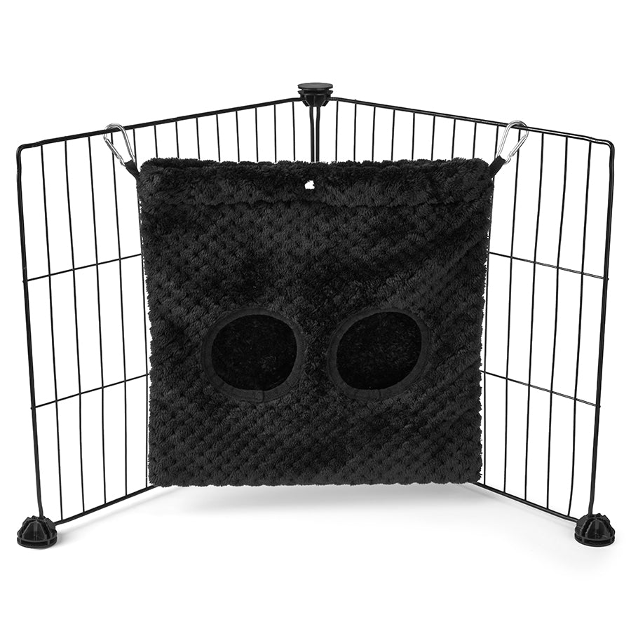 a guinea pig haybag hung on C&C cage made of black fleece by kavee