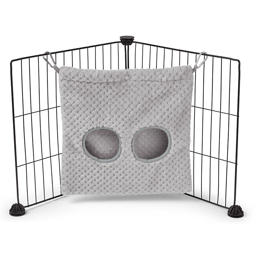 a guinea pig haybag hung on C&C cage made of grey fleece by kavee