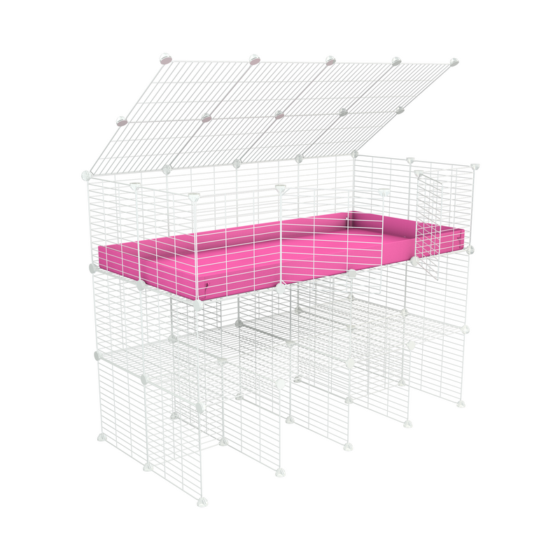 a tall 4x2 C&C guinea pigs cage with a double stand pink coroplast a lid and safe small hole white CC grids sold in Uk by kavee