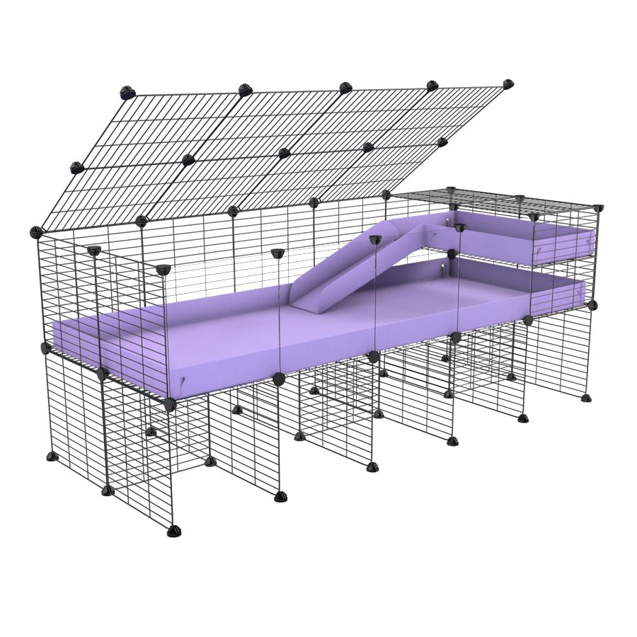 A 2x5 C and C guinea pig cage with clear transparent plexiglass acrylic panels with stand loft ramp lid small size meshing safe grids purple lilac pastel correx sold in UK