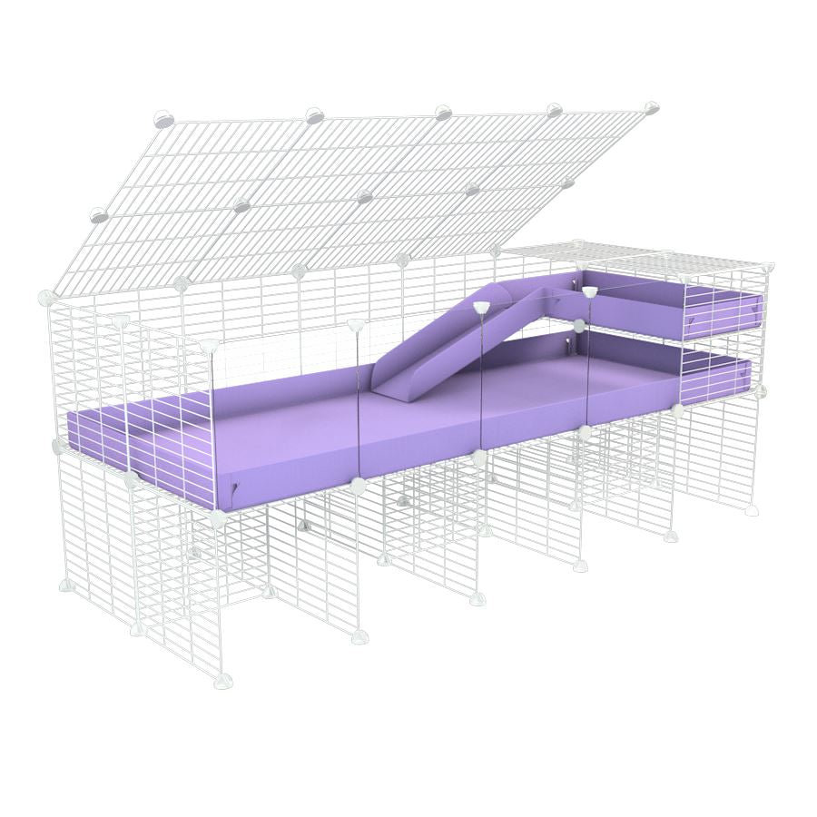 A 2x5 C and C guinea pig cage with clear transparent plexiglass acrylic panels with stand loft ramp lid small size meshing safe white grids purple lilac pastel correx sold in UK