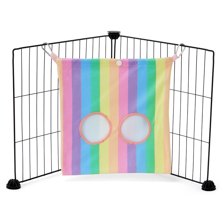 a guinea pig haybag hung on C&C cage made of rainbow fleece by kavee