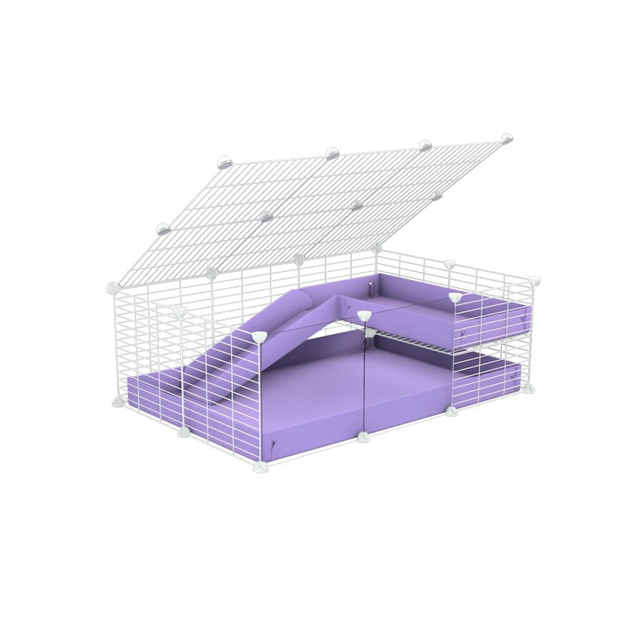 a 2x3 C and C guinea pig cage with clear transparent plexiglass acrylic panels with loft ramp lid small hole size white CC grids purple lilac pastel coroplast kavee