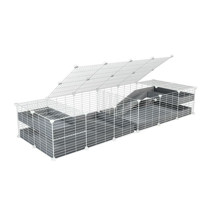 A 6x2 white C&C cage with lid divider loft ramp for guinea pig fighting or quarantine with grey coroplast from brand kavee