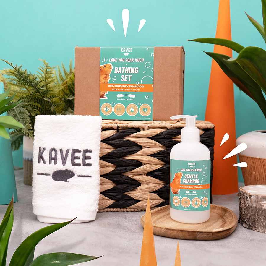 Kavee Cage Bathing set for guinea pigs. Lifestyle shot of shampoo, towel and box on blue background