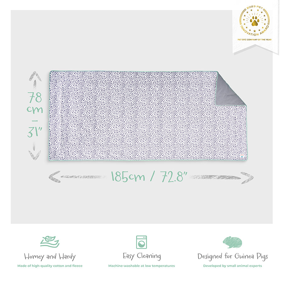 Kavee Dreamy Dalmatian Print 5x2 fleece liner image showing product features and dimensions on grey background