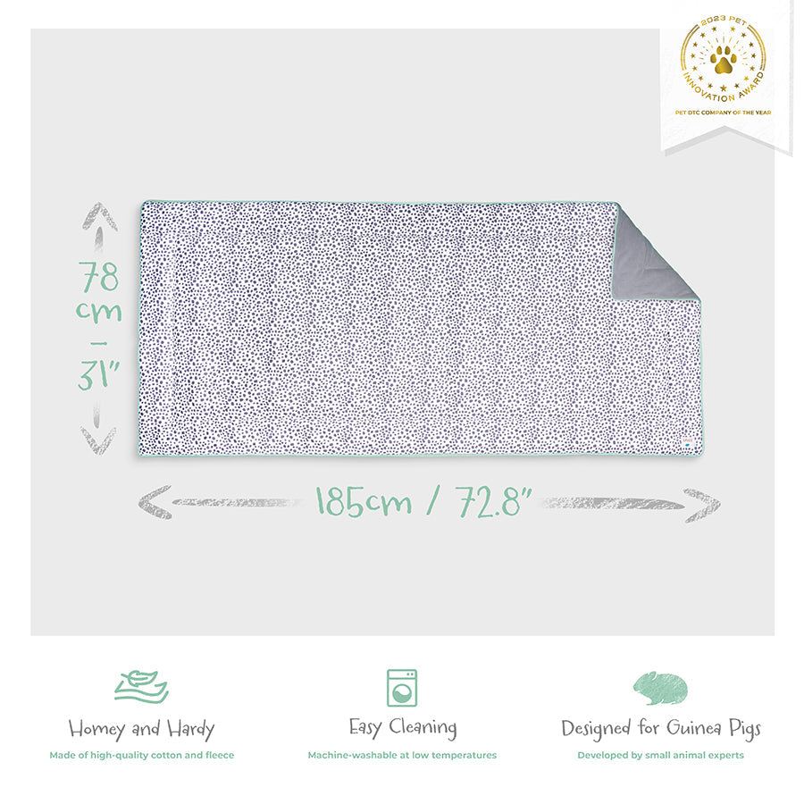 Kavee Dreamy Dalmatian Print 5x2 fleece liner image showing product features and dimensions on grey background