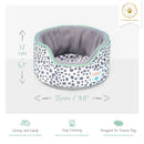 Kavee dalmatian print cuddle cup on grey background showing features and dimensions