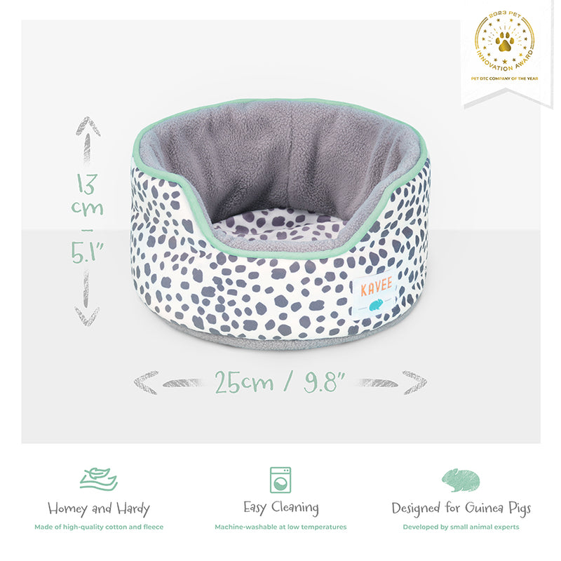 Kavee dalmatian print cuddle cup on grey background showing features and dimensions