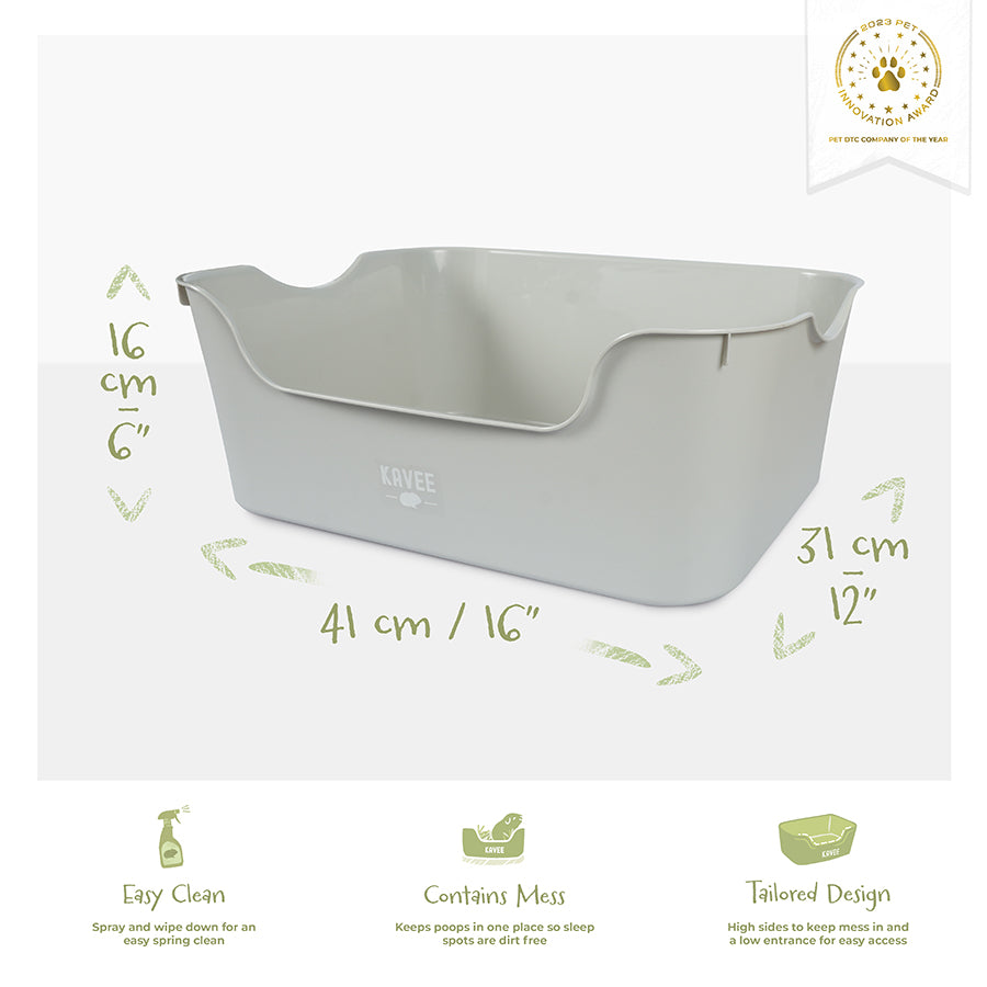 kavee grey litter tray image showing product features and dimensions