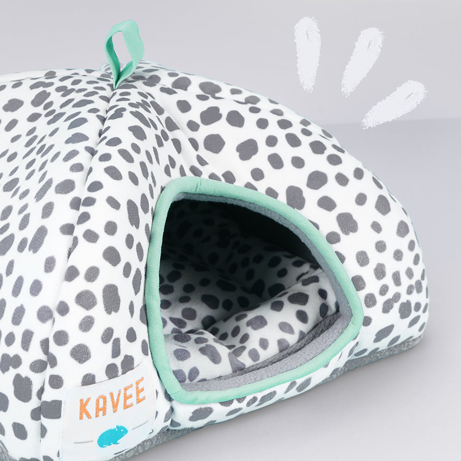 Kavee Dreamy Dalmatian print fleece hidey house on grey background with illustration