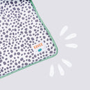 Kavee Dreamy Dalmatian Print fleece liner zoom in on corner with illustration, on grey background