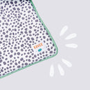 Kavee Dreamy Dalmatian Print fleece liner zoom in on corner with illustration, on grey background