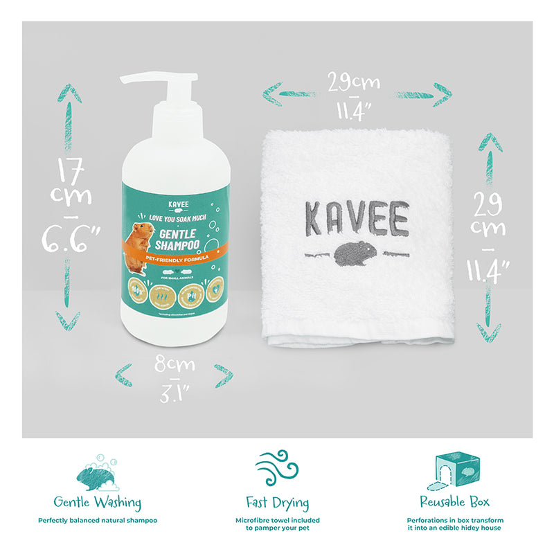 Kavee Cage Bathing set for guinea pigs. Product information shot on grey background showing perks and dimensions