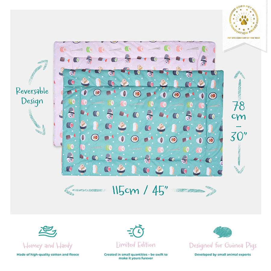 Kavee 3x2 Sushi design reversible fleece liner image showing text with product features and dimensions