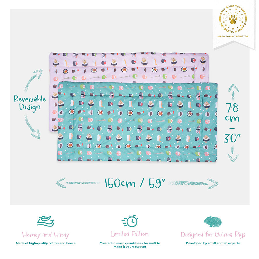 Kavee 4x2 Sushi design reversible fleece liner image showing text with product features and dimensions