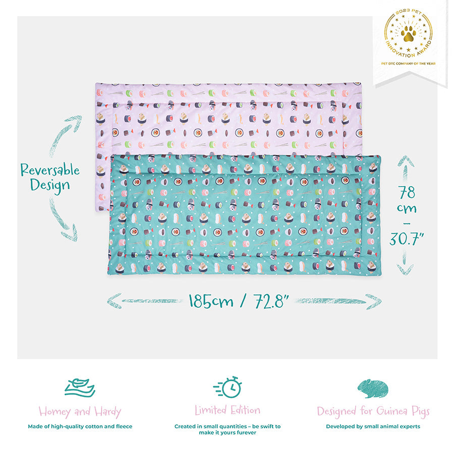 Kavee 5x2 Sushi design reversible fleece liner image showing text with product features and dimensions