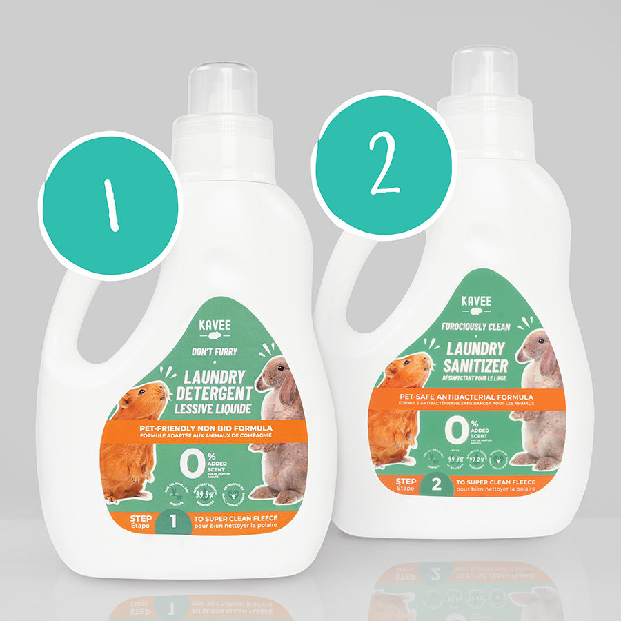 kavee laundry detergent and sanitizer bundle on grey background