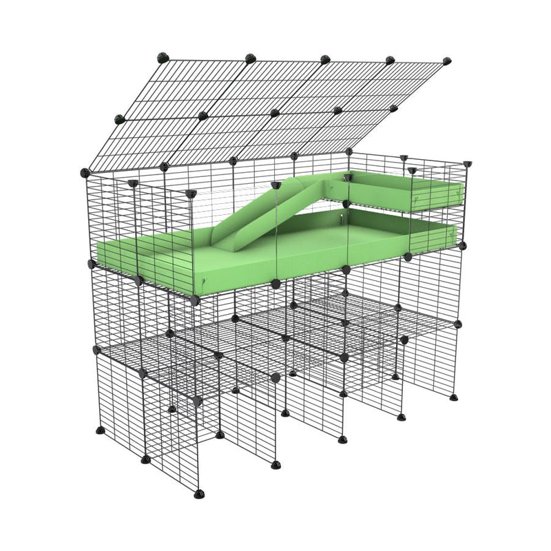 A 4x2 kavee green C&C guinea pig cage with clear transparent plexiglass acrylic panels  with three levels a loft a ramp a lid made of small size hole safe grids