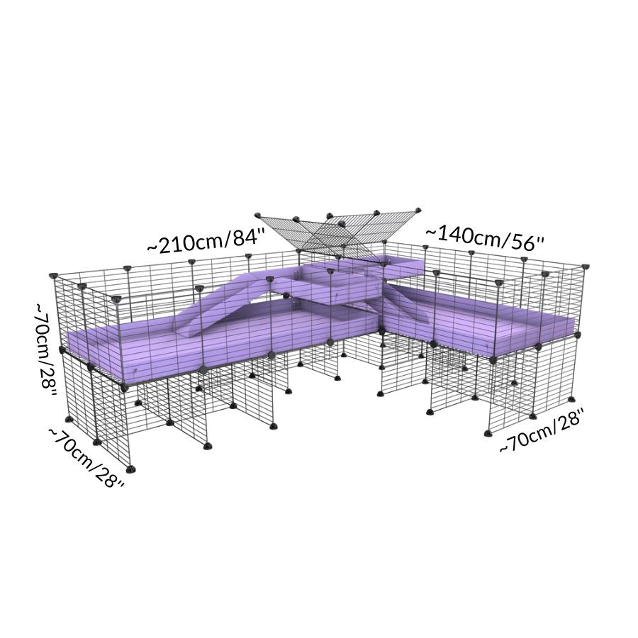 Size and dimension of A 8x2 L-shape C&C cage with divider stand loft ramp for guinea pigs fighting or quarantine from brand kavee