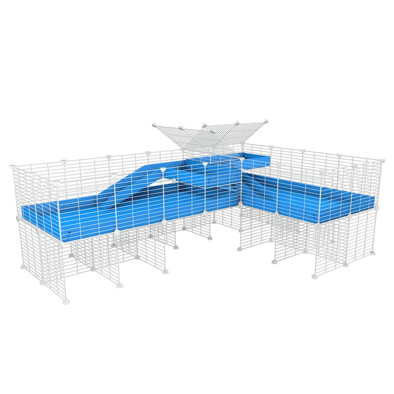 A 8x2 L-shape white C&C cage with divider and stand loft ramp for guinea pig fighting or quarantine with blue correx from brand kavee