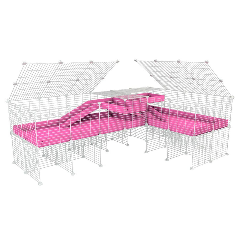 A 8x2 L-shape white C&C cage with lid divider stand loft ramp for guinea pig fighting or quarantine with pink coroplast from brand kavee