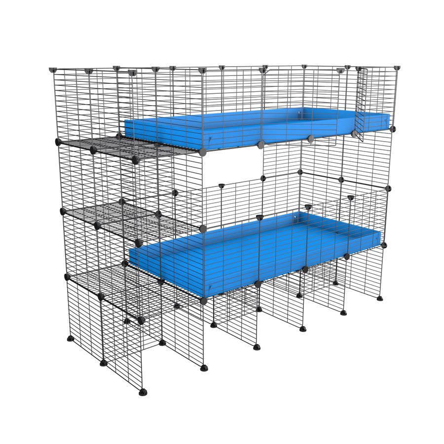 A double 4x2 c&c cage with stand and side storage for guinea pigs with two levels blue correx baby safe grids by brand kavee in the uk