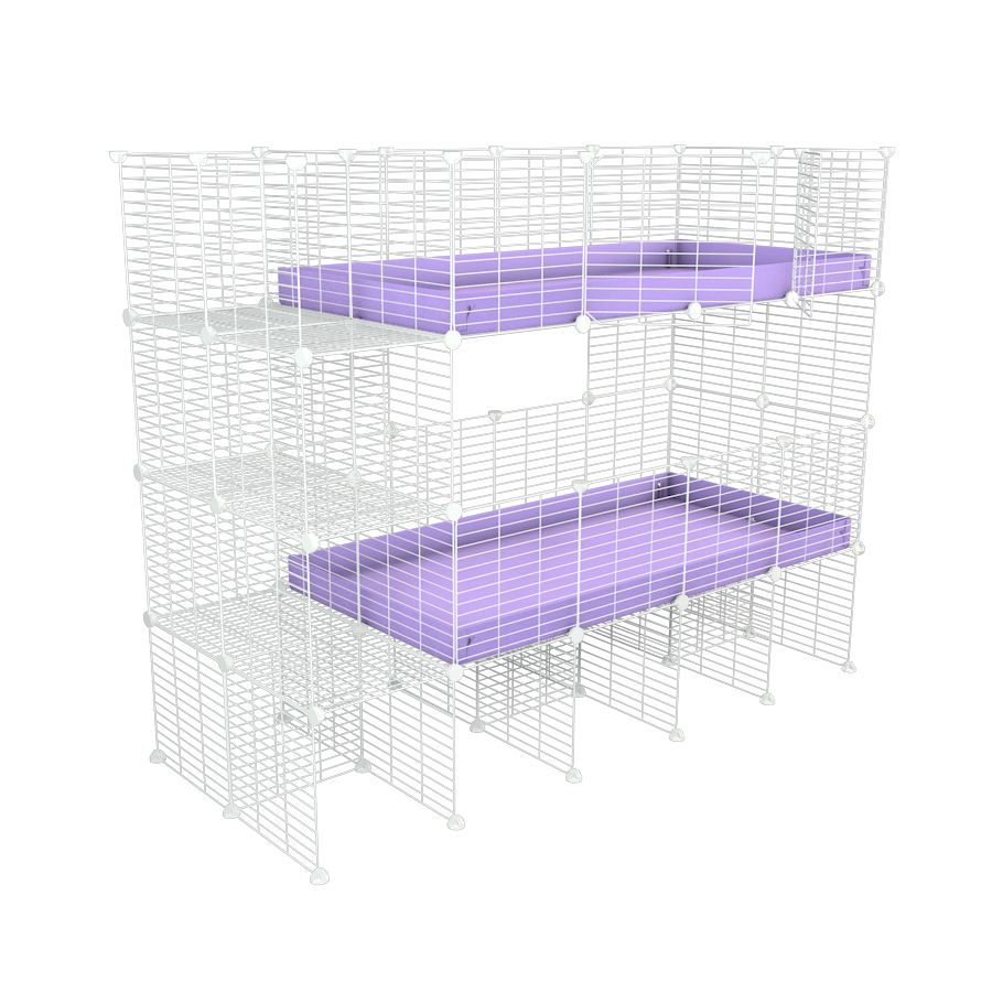 A two tier white 4x2 c&c cage with stand and side storage for guinea pigs with two levels purple lilac correx baby safe grids by brand kavee in the uk