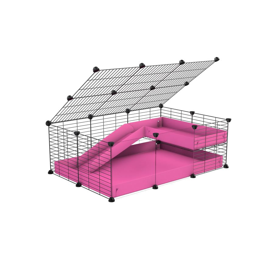 a 2x3 C and C guinea pig cage with clear transparent plexiglass acrylic panels  with loft ramp lid small hole size grids pink coroplast kavee