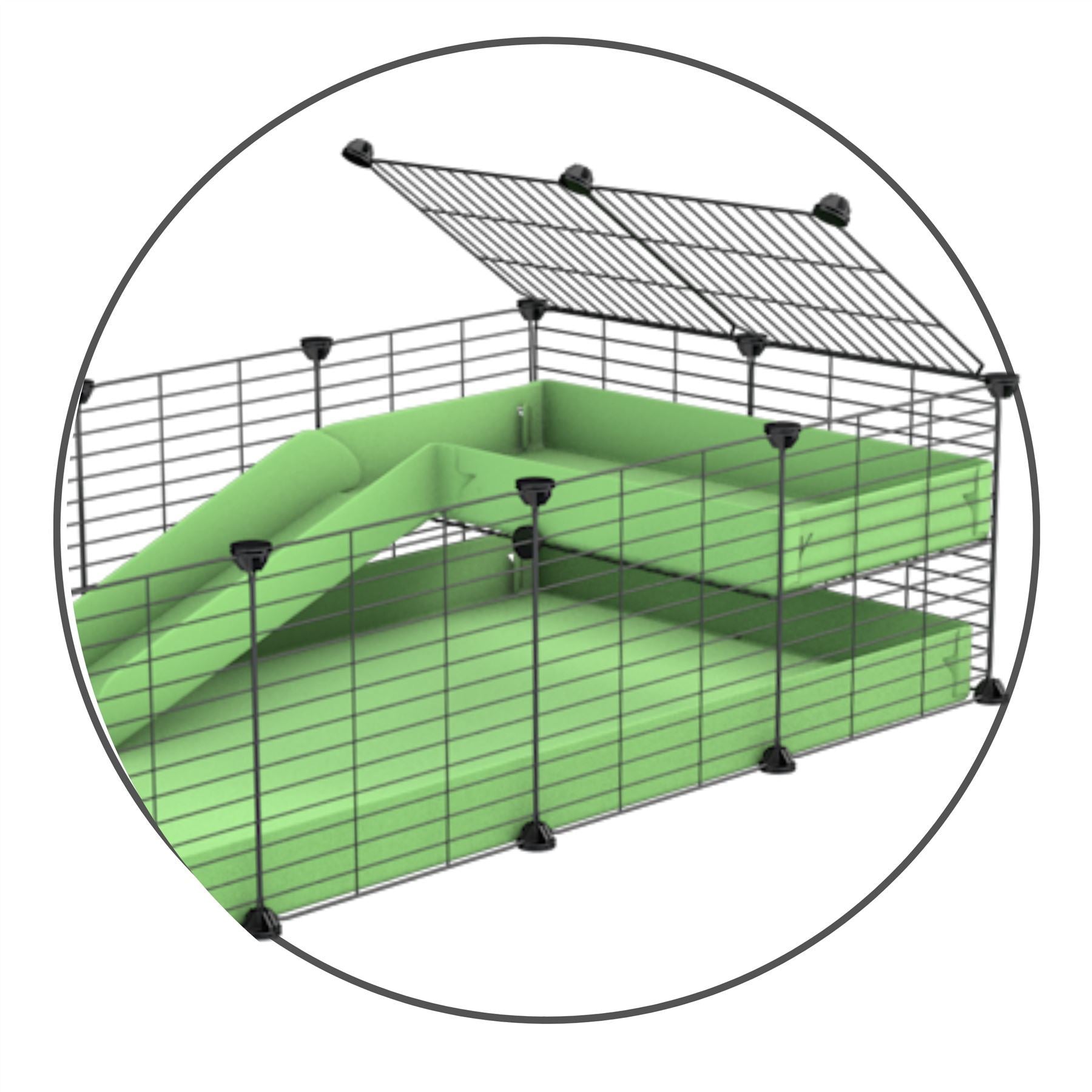 A kit containing a green coroplast ramp and 2x1 loft and small hole size safe C&C grids by kavee uk