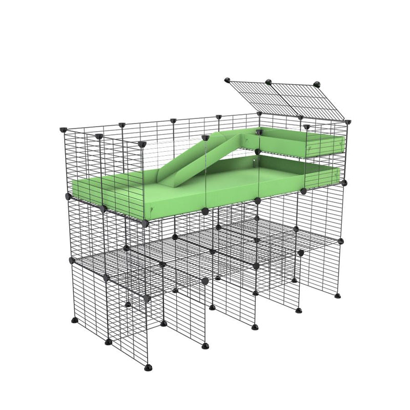 A 4x2 kavee green pistachio C&C guinea pig cage with clear transparent plexiglass acrylic panels  with three levels a loft a ramp made of safe small hole grids