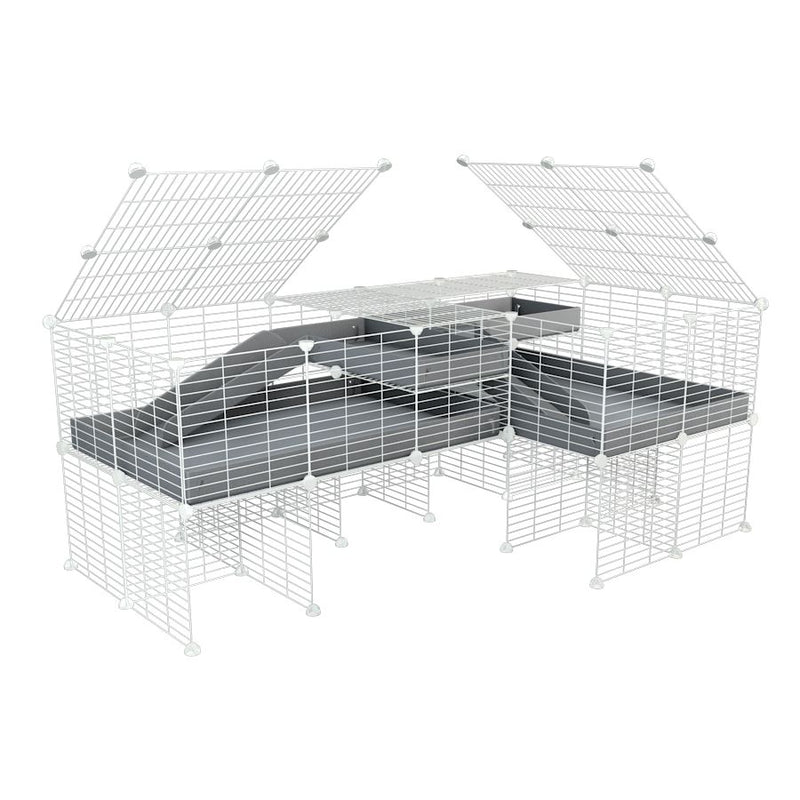 A 6x2 L-shape white C&C cage with lid divider stand loft ramp for guinea pig fighting or quarantine with grey coroplast from brand kavee