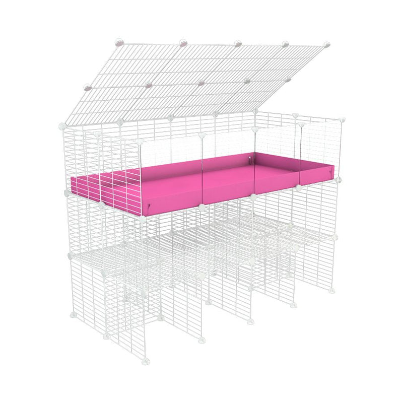 a tall 4x2 C&C guinea pigs cage with clear transparent plexiglass acrylic panels  with a double stand pink coroplast a lid and safe small hole white CC grids sold in UK by kavee