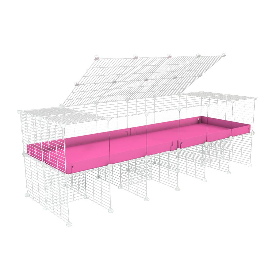 a 6x2 C&C cage with clear transparent perspex acrylic windows  for guinea pigs with a stand and a top pink plastic safe white grids by kavee