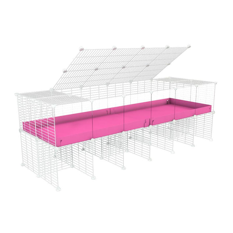 a 6x2 C&C cage with clear transparent perspex acrylic windows  for guinea pigs with a stand and a top pink plastic safe white grids by kavee