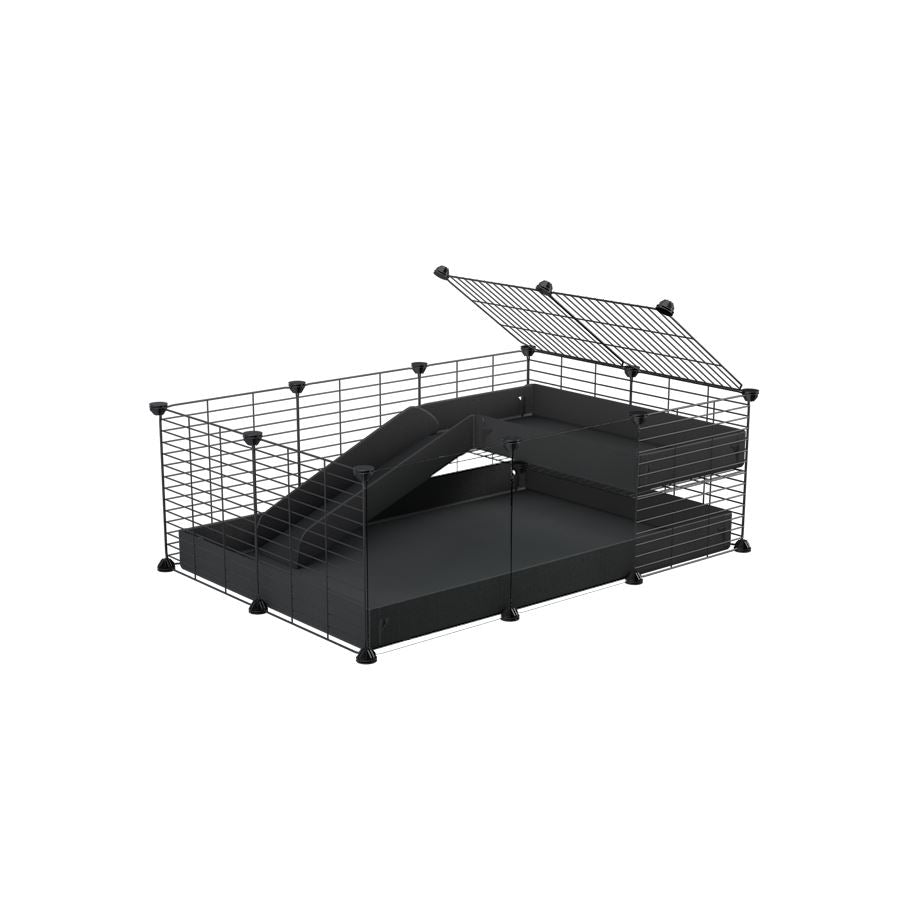 a 3x2 C&C guinea pig cage with clear transparent plexiglass acrylic panels  with a loft and a ramp black coroplast sheet and baby bars by kavee