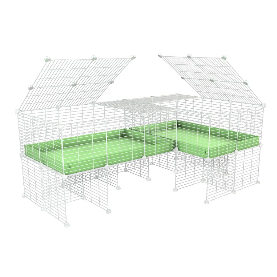 A 6x2 L-shape white C&C cage with lid divider stand for guinea pig fighting or quarantine with green coroplast from brand kavee