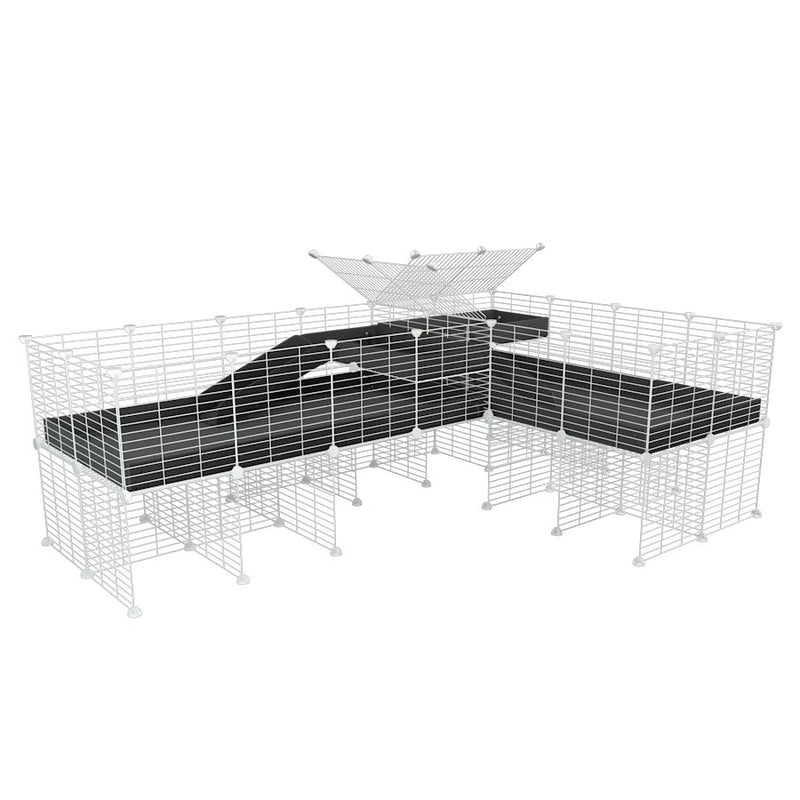 A 8x2 L-shape white C&C cage with divider and stand loft ramp for guinea pig fighting or quarantine with black correx from brand kavee
